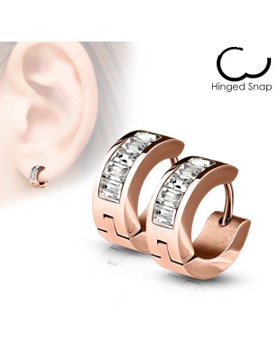 Paire boucles d'oreilles anneaux rosés gemmes rectangulaires