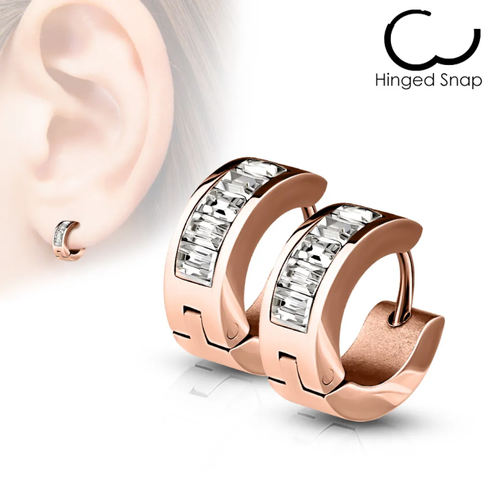Paire boucles d'oreilles anneaux rosés gemmes rectangulaires