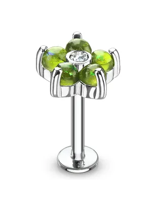 Piercing labret oreille fleur verte opalescente