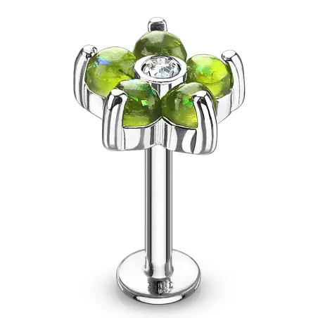 Piercing labret oreille fleur verte opalescente