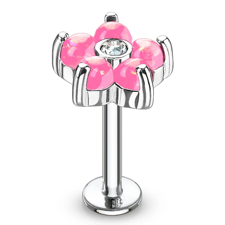 Piercing labret oreille fleur rose opalescente