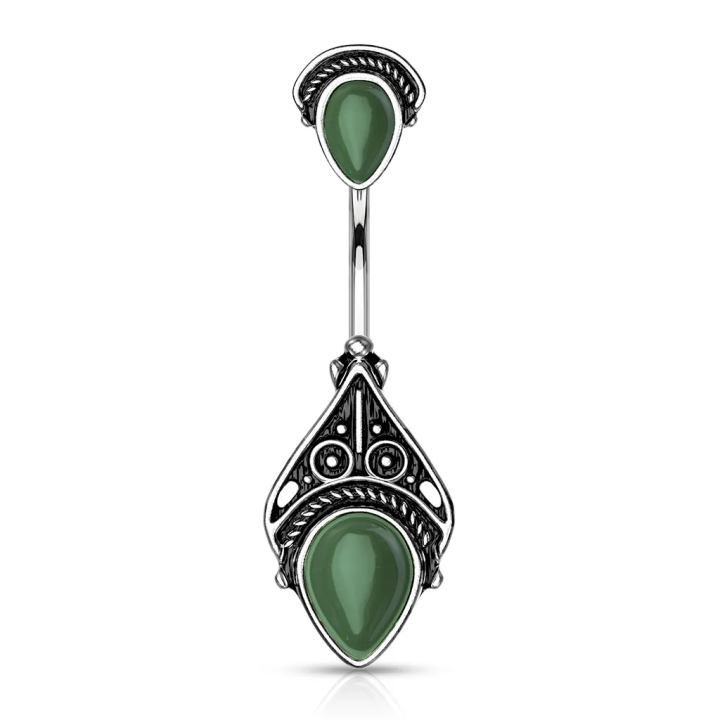 Piercing nombril vintage filigrane pierres vertes