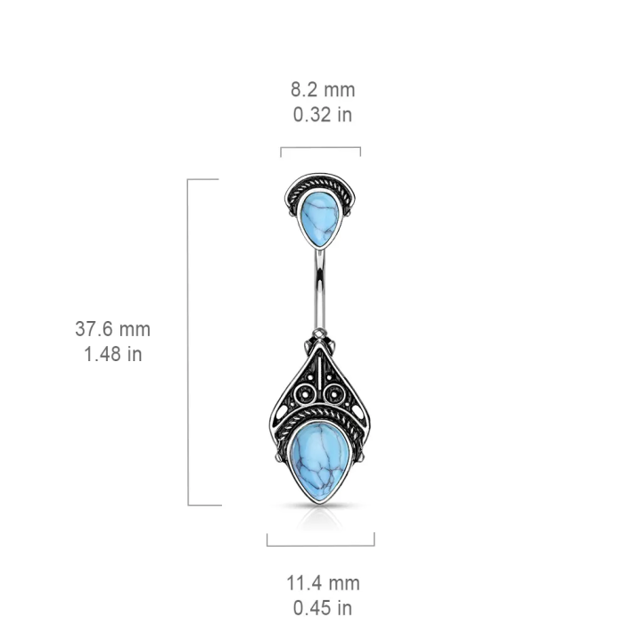 Piercing nombril vintage filigrane pierres turquoises