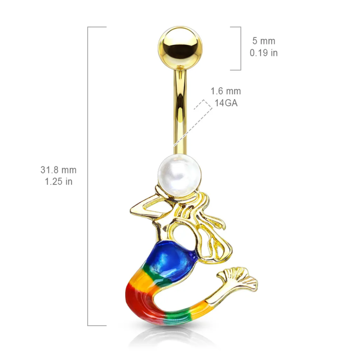 Piercing nombril doré sirène avec perle