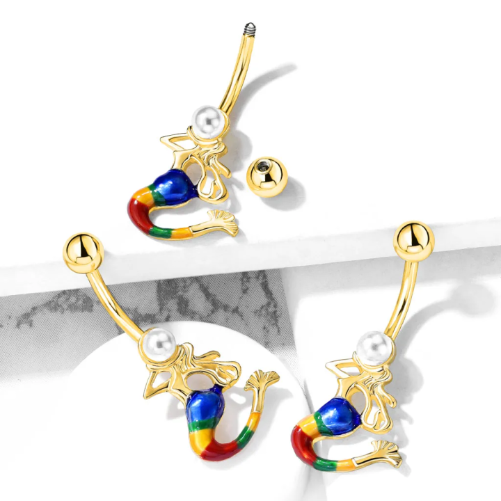Piercing nombril doré sirène avec perle