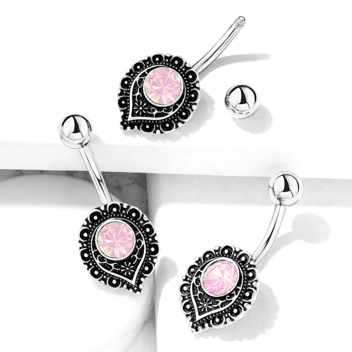 Piercing nombril coeur filigrane opalite rose