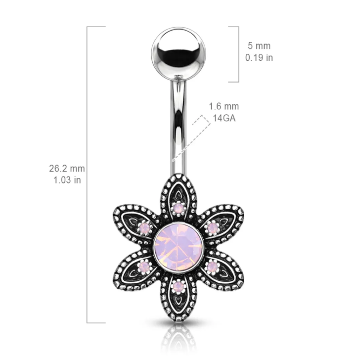 Piercing nombril fleur cristaux opalite rose