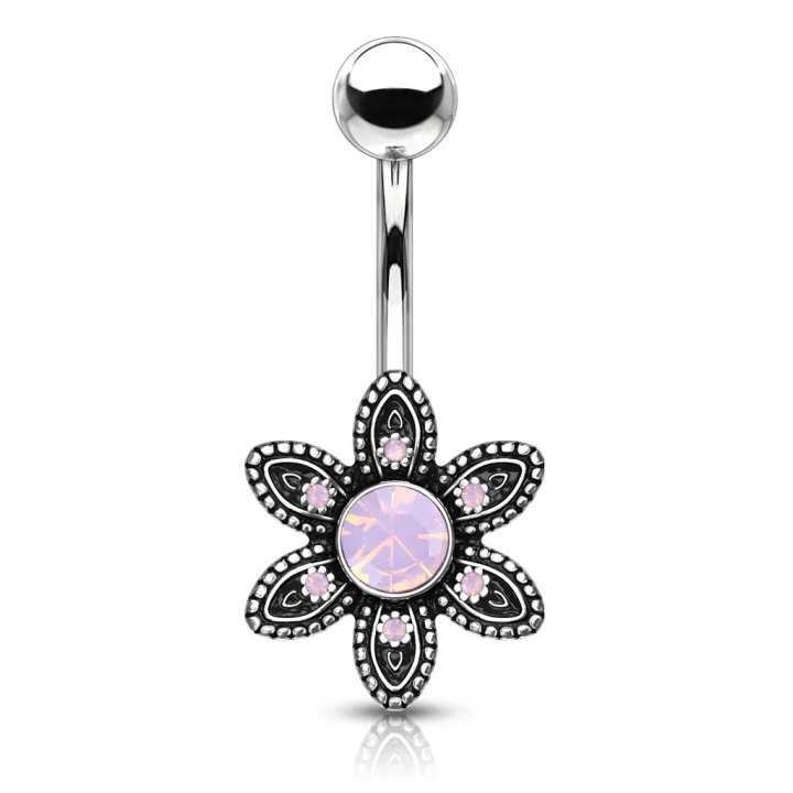 Piercing nombril fleur cristaux opalite rose