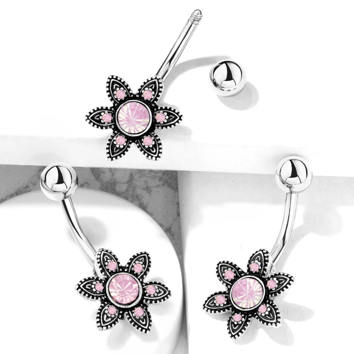 Piercing nombril fleur cristaux opalite rose
