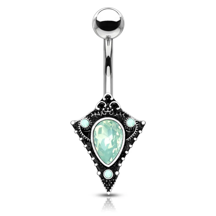 Piercing nombril bouclier tribal cristaux opalite vert
