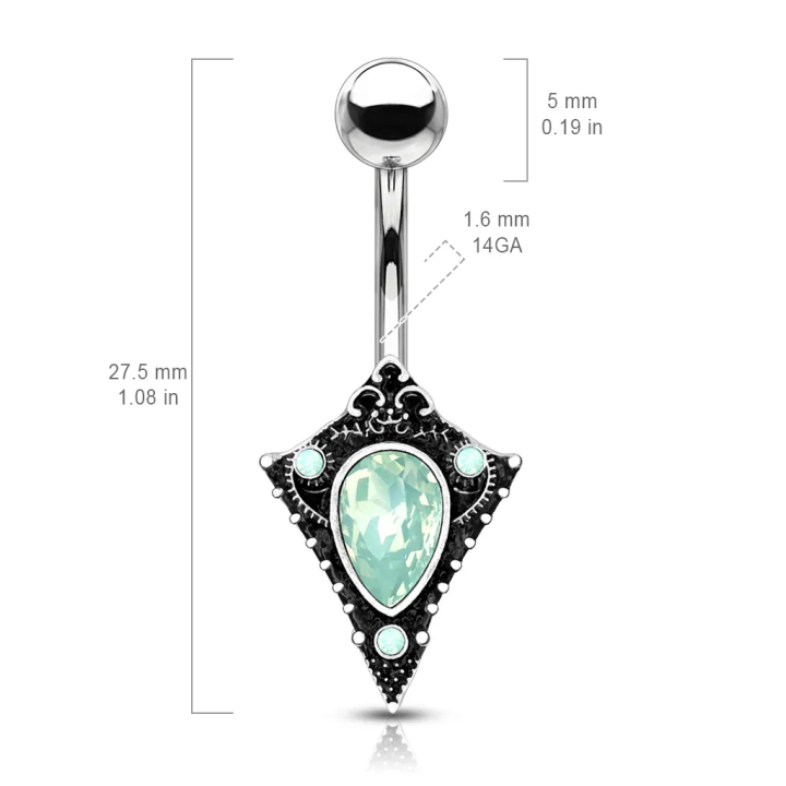 Piercing nombril bouclier tribal cristaux opalite vert