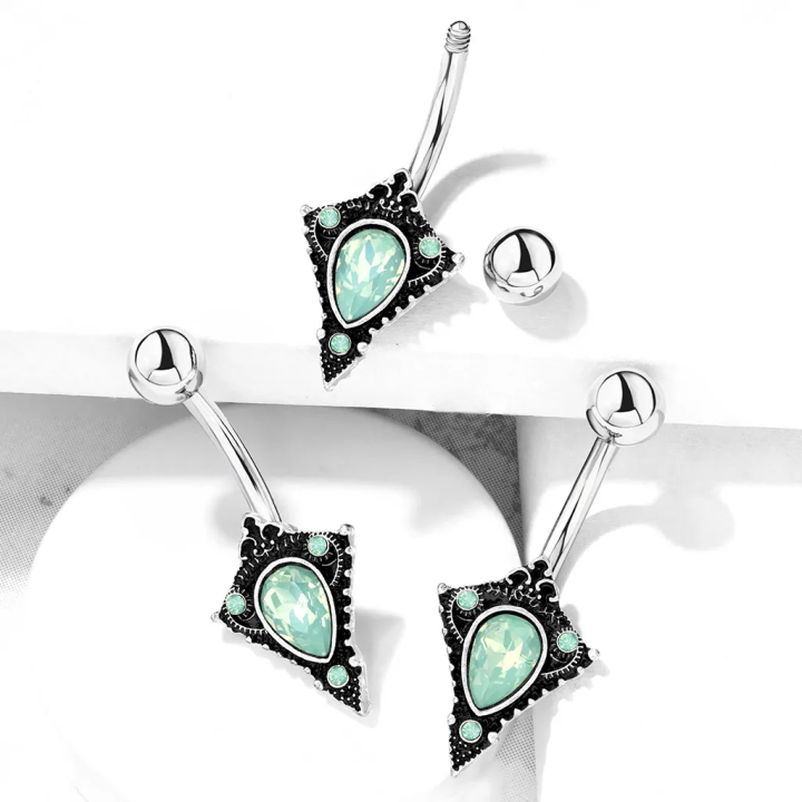 Piercing nombril bouclier tribal cristaux opalite vert