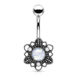 Piercing nombril filigrane fleur cristaux opalite blanc