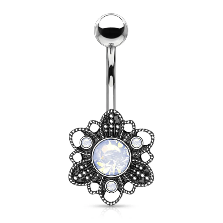 Piercing nombril filigrane fleur cristaux opalite blanc