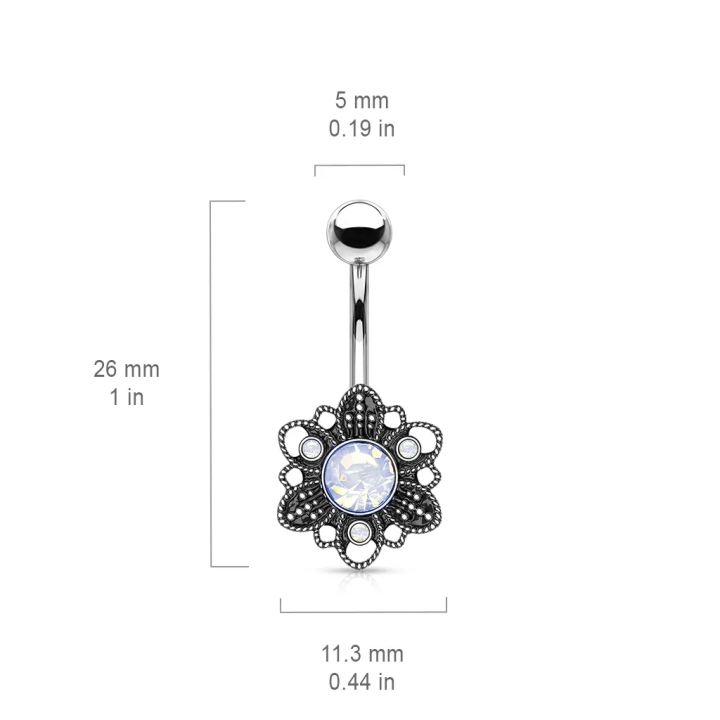 Piercing nombril filigrane fleur cristaux opalite blanc