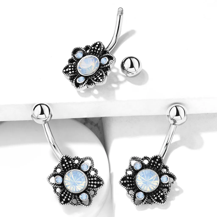 Piercing nombril filigrane fleur cristaux opalite blanc
