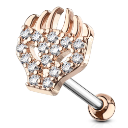 Piercing oreille cartilage hélix rosé crâne avec flammes et strass