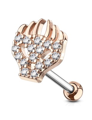 Piercing oreille cartilage hélix rosé crâne avec flammes et strass