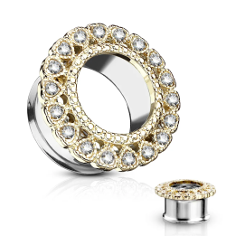 Piercing tunnel oreille coeurs gemmes doré