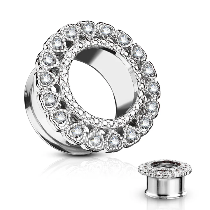 Piercing tunnel oreille coeurs gemmes argenté