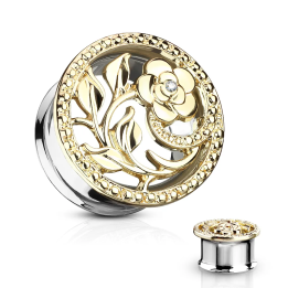 Piercing tunnel oreille floral acier doré