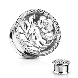 Piercing tunnel oreille floral acier argenté