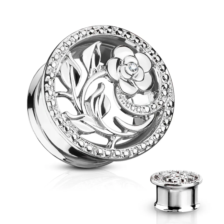 Piercing tunnel oreille floral acier argenté