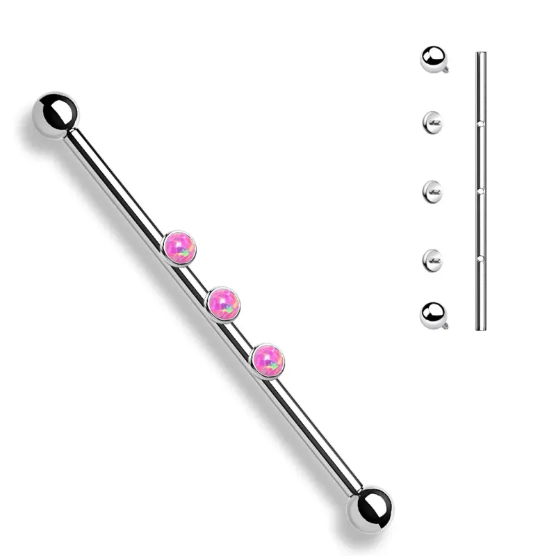 Piercing industriel oreille 3 opalites roses Piercing industriel oreille 3 opalites roses