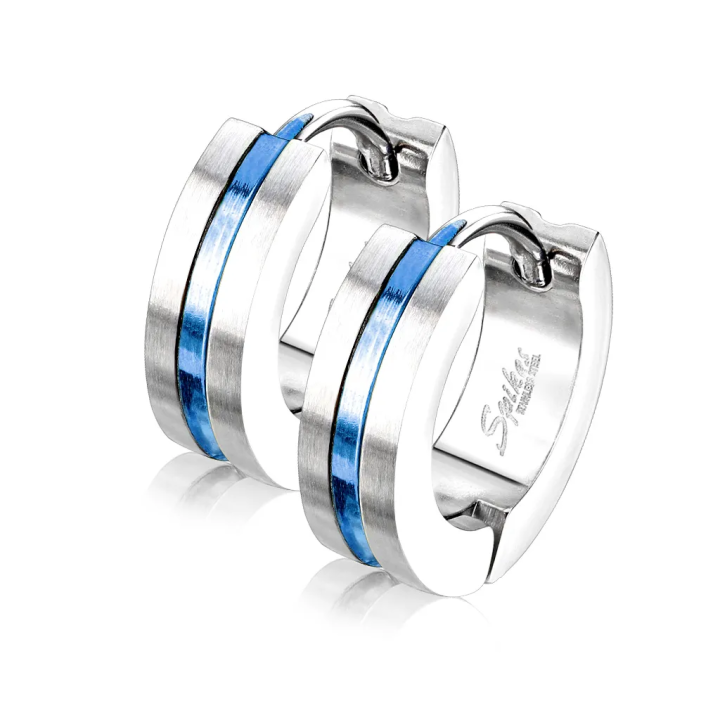 Paire Boucles d'oreille homme anneaux acier brossé centre bleu