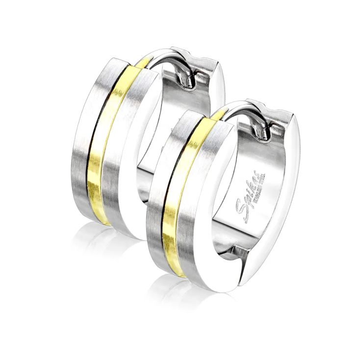 Paire Boucles d'oreille homme anneaux acier brossé centre doré