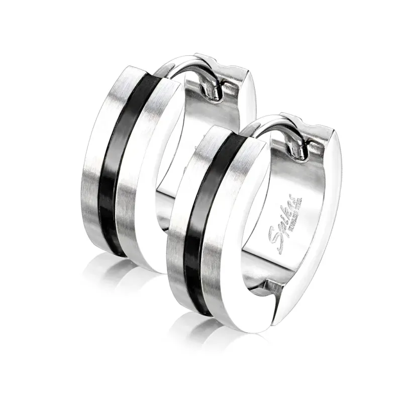 Paire Boucles d'oreille homme anneaux acier brossé centre noir Paire Boucles d'oreille homme anneaux acier brossé centre noir