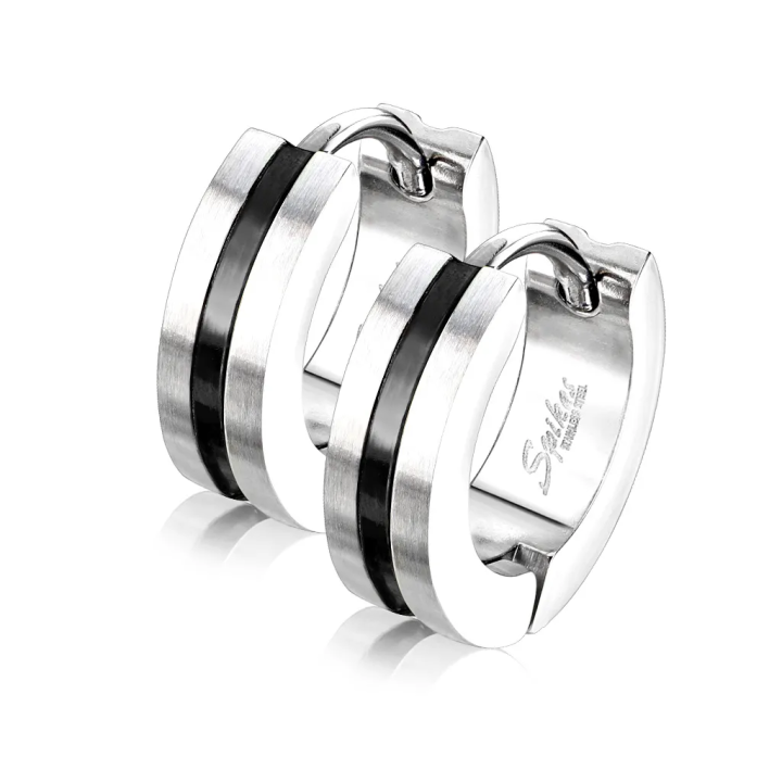 Paire Boucles d'oreille homme anneaux acier brossé centre noir