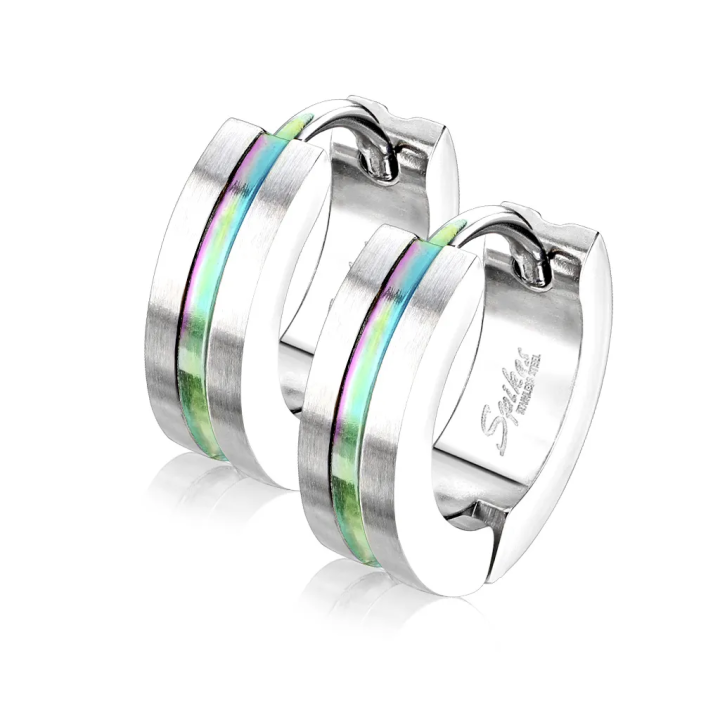 Paire Boucles d'oreille homme anneaux acier brossé centre multicolore