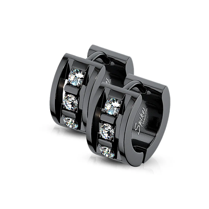 Paire Boucles d'oreille anneaux acier noir 3 strass