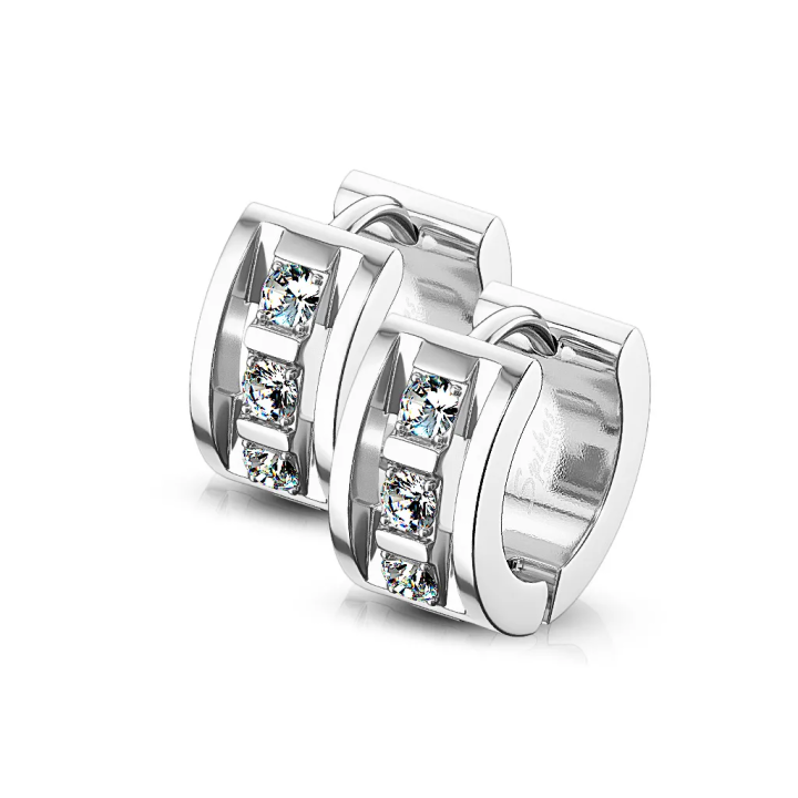Paire Boucles d'oreille anneaux acier argenté 3 strass