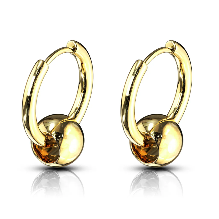 Paire Boucles d'oreille anneaux acier doré avec boule captive