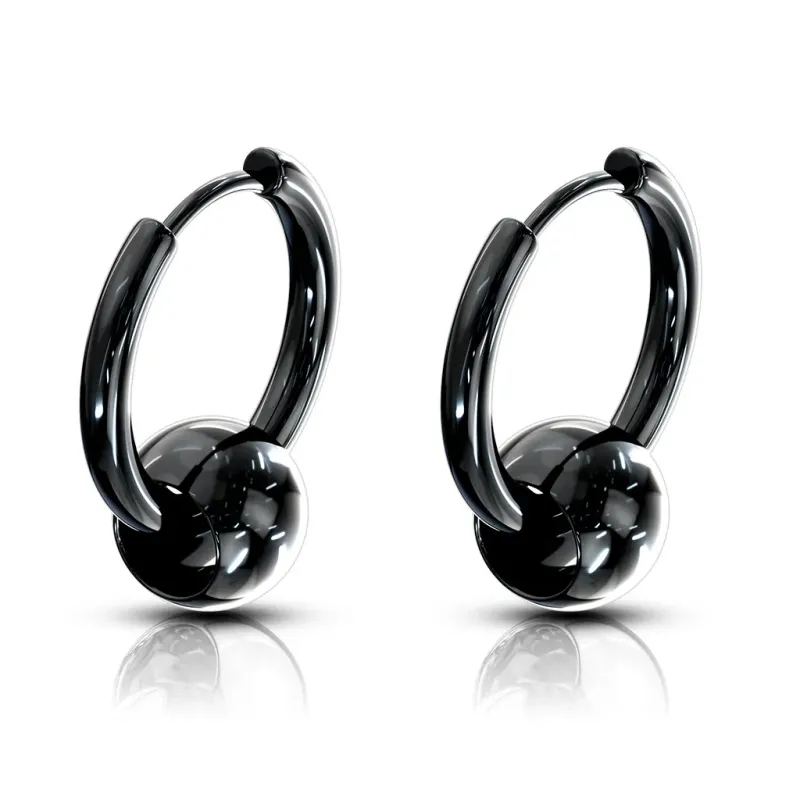 Paire Boucles d'oreille anneaux acier noir avec boule captive