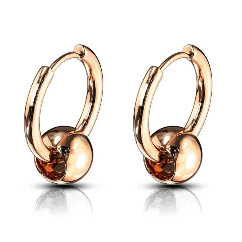 Paire Boucles d'oreille anneaux acier rosé avec boule captive