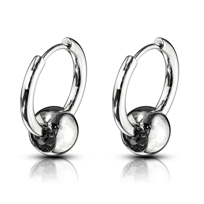 Paire Boucles d'oreille anneaux acier argenté avec boule captive