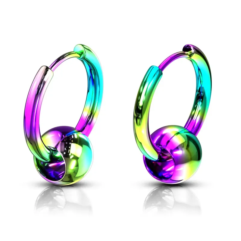 Paire Boucles d'oreille anneaux acier multicolore avec boule captive