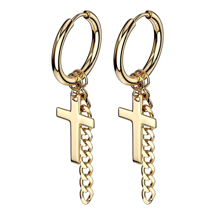 Paire Boucles d'oreille anneaux acier doré croix et chaine