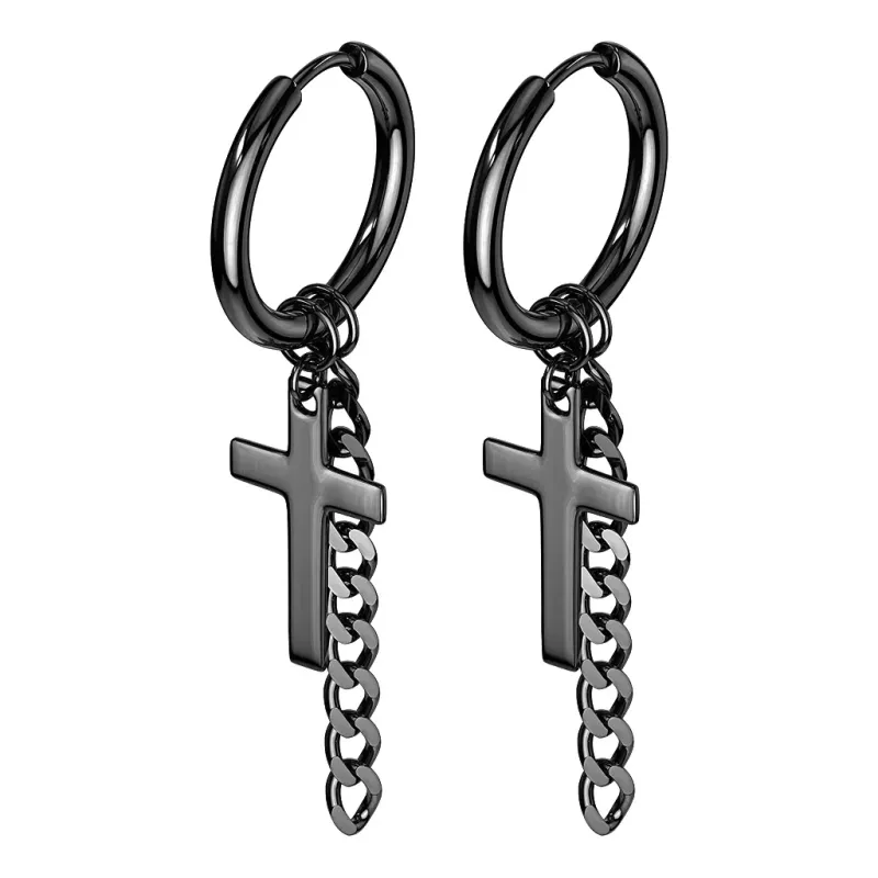 Paire Boucles d'oreille anneaux acier noir croix et chaine