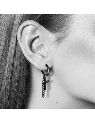 Paire Boucles d'oreille anneaux acier noir croix et chaine