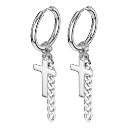 Paire Boucles d'oreille anneaux acier argenté croix et chaine