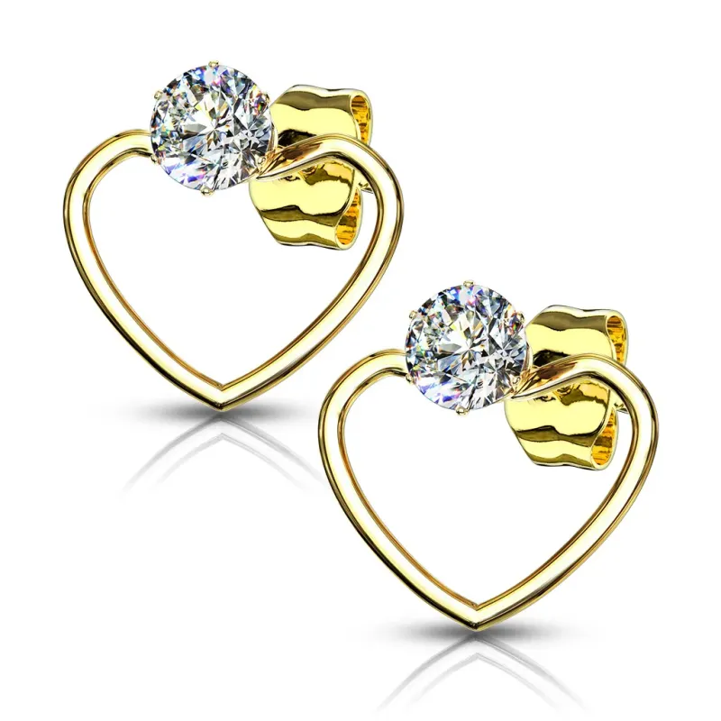 Paire Boucles d'oreille clous coeur doré avec strass