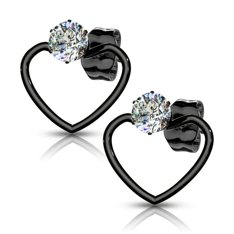 Paire Boucles d'oreille clous coeur noir avec strass