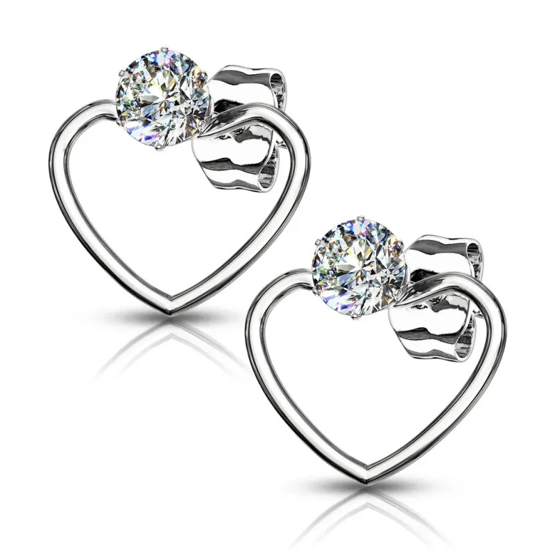 Paire Boucles d'oreille clous coeur argenté avec strass