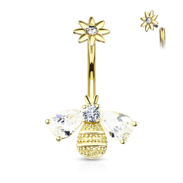 Piercing nombril abeille avec ailes zirconium en plaqué or