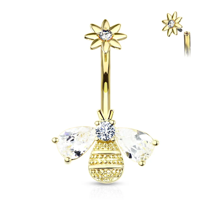 Piercing nombril abeille avec ailes zirconium en plaqué or