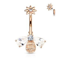 Piercing nombril abeille avec ailes zirconium en plaqué or rose